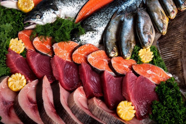 array of ahi tuna, salmon steaks, and whole fish
