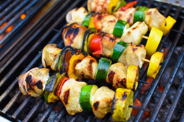 chicken kabobs on a grill