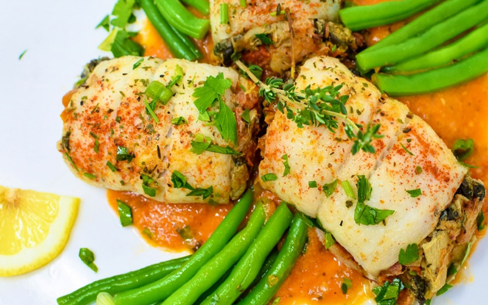 Baked Stuffed Grey Sole with Tomato Vinaigrette