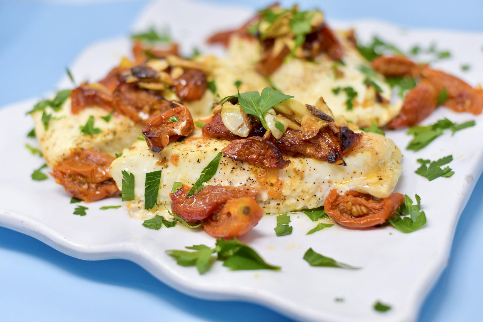 Halibut with Roasted Tomatoes and Garlic Market Basket